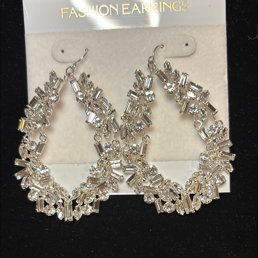 Silver Teardrop Floral Earrings with Crystals